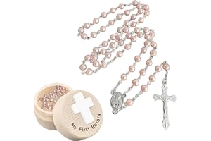 IUIIAII Christening Gifts for Girls Rosary Necklace With Baptism Memorial Box, Baby Christening Gifts, Pink Elegant Beaded Design, Suitable for Rosary Beads First Holy Communion for Baby Baptisms Party Gift
