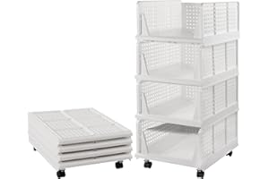 BOSSJOY 4er Set stapelbarer Kleiderschrank Aufbewahrungsbox Organizer mit Rädern (einfach zu öffnen und zu falten), Kunststoff Weiß Kleiderschrank Regale Schrank Organizer Box