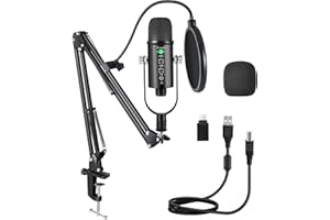 Aveek USB Microphone Kit, Metal Condenser Microphone Podcast Microphone Kit with Noise-Canceling and Headphone Monitoring for Streaming Recording,MacOS,Windows,Type-C Phone