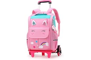 Tanou Mochila Ruedas Niña, 16 Pulgadas Mochilas Escolares con Ruedas, Desmontable Mochila con Carro Niñas para Viajes Escolar, 4-12 Años, Rosado