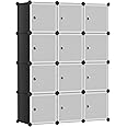 SONGMICS 12-Cube Storage Unit, Shoe Rack, Stackable Cubes, Plastic Closet Cabinet, Wardrobe, with Doors, for Bedroom, Office, Easy to Assemble, Black and White LPC34HV1