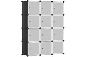 SONGMICS 12-Cube Storage Unit, Shoe Rack, Stackable Cubes, Plastic Closet Cabinet, Wardrobe, with Doors, for Bedroom, Office, Easy to Assemble, Black and White LPC34HV1