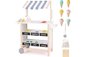 Maxmass Pretend Play Ice Cream Cart, Kids Dessert Shop Trolley with 6 Pcs Play Toy, Bell, Produce Scale & Chalkboard and 2 Wheels, Wooden Children Grocery Store for 3+ Year Old (Grey Canopy)