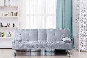 Comfy Living Italian Style Luxury Sofa Bed with Drink Cup Holder Table Crush Velvet 4 Colours (Silver)