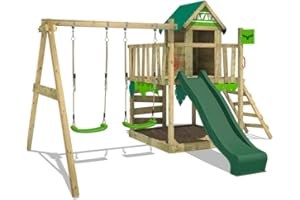 FATMOOSE Parque Infantil JazzyJungle Jam XXL con Columpio y Tobogán Verde, Torre de Escalada para Niños al Aire Libre con Escalera para Arenero y Accesorios de Juego para el Jardín