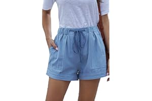 HVEPUO Short d'été, large, pour femmes, en coton et lin, avec ceinture élastique