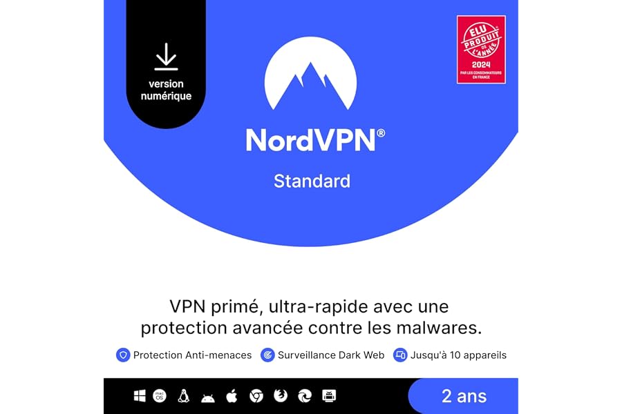 NordVPN Essentiel, 10 Appareils, 2 Ans, VPN & Cybersécurité, Code Numérique