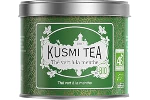 Kusmi Tea - Vert à la Menthe Bio - Mélange Biologique de Thé Vert Gunpowder et Menthe Poivrée - Thé Vert Aromatisé - À Déguster Chaud ou en Thé Glacé - Boîte en Métal 100g, pour environ 50 Tasses