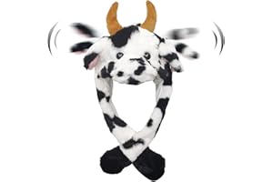 Tocwick Cow Hat Costume with Moving Ears Short Plush Cartoon Hat Animal Shaped Cap Soft Warm Winter for Festival Cosplay Boys Girls Adults