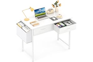 CAIYUN Small White Desk with Fabric Drawers for Bedroom, 80CM Home Office Desk with Side Pocket and Hook for Small Space, Makeup Vanity Desks, Kid’s Desks Writing Table Working Table, White
