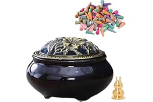 DUOHEMENG Incense Burner, Incense Bowl Holder， Cone Incense Burner, Ceramic Censer Suitable for Incense/Cone/Coil/Sticks, There Are 20 Incense Cones+ Metal Incense Holder Inside. (Obsidian Black)