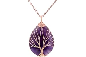 Jovivi Bijoux Pendentif Collier Pierre Améthyste Retro DIY Arbre de la Vie en Cuivre Fil Forme Goutte d'eau Pierre Precieuse d'Energie avec Chaîne