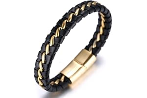 HALUKAKAH Enfants ● Solo Junior ● Personnaliser Garçons Bracelet Cuir Véritable Noir 6-12+3 Ans. Fermoir Magnétique Chaîne Doré/Argent Titane 18-19.5cm