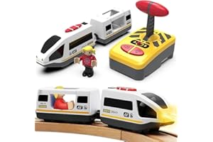 TOPLIVING Treno motorizzato per binari in legno, treno telecomandato con collegamento magnetico, treno locomotiva a batteria per bambini, compatibile con Thomas, Brio, Chuggington