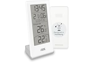 ADE Stazione meteo digitale con sensore esterno | termometro per temperatura interna ed esterna | orologio e calendario radiocontrollato con giorno della settimana | batterie incluse | bianco