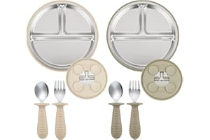 PandaEar Set de 2 Platos de Acero Inoxidable con Ventosa para Bebé y Set de 2 Cucharas y Tenedores, Utensilios para Bebé, Platos Divididos para Alimentación Autónoma, Sin BPA (Beige/Nogal)