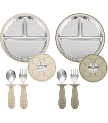 2 Piatti Per Bambini In Acciaio Inox 304 Con Ventosa Antiscivolo, Divisori 3 Scomparti, Base In Silicone Rimovibile, Lavabili In Lavastoviglie, 22 Cm - 2