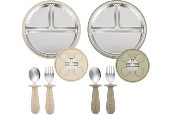 PandaEar Set de 2 Platos de Acero Inoxidable con Ventosa para Bebé y Set de 2 Cucharas y Tenedores, Utensilios para Bebé, Platos Divididos para Alimentación Autónoma, Sin BPA (Beige/Nogal)