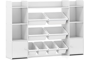 Maxmass Toy Storage Organizer, Children Bookshelf Storage Unit with Removable Bins, Open Shelves, Enclosed Cabinets, Toddler Bookcase Rack for Kids Room Playroom Nursery (White, 142x30x100cm)