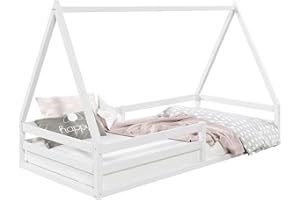 IDIMEX Hausbett SILA aus massiver Kiefer, schönes Montessori Bett in 90 x 200 cm, stabiles Kinderbett mit Rausfallschutz und Dach in weiß