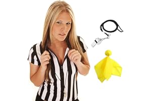 REDGINO Schiedsrichtertrikot für Damen, offizielles schwarz-weiß gestreiftes Schiedsrichter-Shirt, Reißverschluss, Kragen, V-Ausschnitt, Schiedsrichter-Trikot, Ref. Pfeife, gelbe Strafflagge für Basketball,