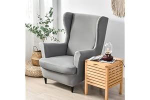 Highdi 2 Pezzi Copripoltrona con Orecchie Elasticizzato, Copridivano da 1 Posto con Fodera per Cuscino, Lavabile Rimovibile per Bar Soggiorno Camera da Letto (Grigio Chiaro,Copripoltrona)