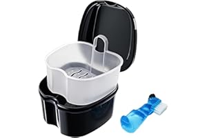 ‎TYSORETY Denture Box Cleaning Set with Denture Brush, Denture Box Prosthesis Container with Hanging Strainer, Portable Denture Box Braces Box Storage Box (Black)