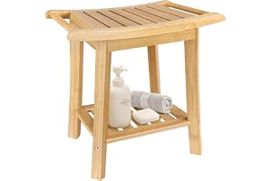 BFTOU 2-plans bambu duschbänk liten duschpall med förvaringshylla SPA badkar duschstol för vardagsrum sovrum badrum, naturlig