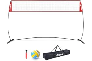 Patiassy 14ft Freestanding Volleyball Practice Net for Indoor or Outdoor Use, Height Adjustable Portable Volleyball Training Set for Backyard Driveway (Red with volleyball)