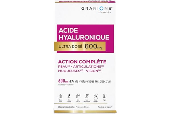 Acide Hyaluronique Ultra dosé 600 mg GRANIONS - Biotine - Hydratation intense peau - Niacinamide - Complexe Vitamine B - Anti-ride - Stimule production collagene - Vegan - Fabriqué en France
