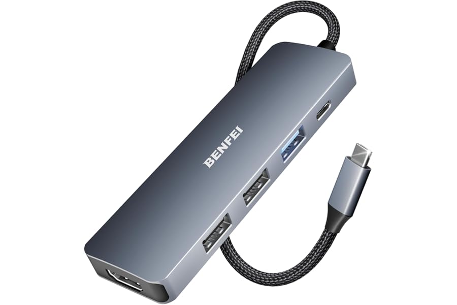 BENFEI USB-C Hub 5-in-1 with 4K HDMI, 3 USB-A 3.2 GEN2 10Gbps, 100W PD, Silicone Woven Cable, Aluminum Case, Compatible with MacBook, iPad, iPhone 15/16 Series