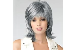Creamily Perruque courte pour femmes coupe lutin perruque Shaggy couches moelleux gris mélangé noir perruque années 80 synthétique cheveux courts perruque avec frange