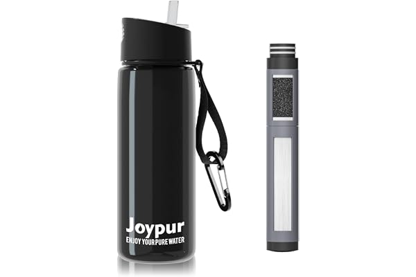 Joypur Gourde Filtrante 650ml avec Boussole, Filtre à Eau Portable 5 couches(0,01 µm), Élimine 99.9999% des Impuretés, Pour Randonnée Camping Survie, Sans BPA, Noir