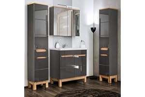 Lomadox Badmöbel Set in Hochglanz grau mit Eiche, 80cm Kerami-Waschtisch, Spiegelschrank & 2 Hochschränke