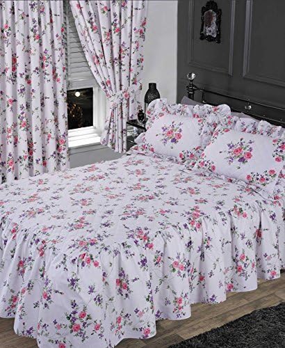 Elizabeth Purple, Double Bed Fitted Bedspread &amp; Pillowsham Set, BY THE CAMEO COLLECTION, Traditional Frilled Floral Set Rose Flowers White Lilac Pink Green