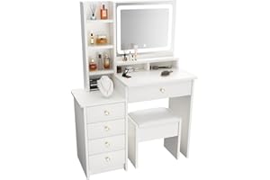 ZenkiHome Dressing Table, White Vanity Desk with Large Mirror and Adjustable Lights, 90cm Dressing Table with Stool for Girls and Adults