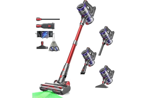 VACTechPro 55KPa/600W/70Min Aspirateur Balai sans Fil, 1.6L Aspirateur sans Fil avec Filtration à 8 Couches, Très Silencieux Aspirateur avec Brosse à Sol Anti-Tangle, Aspirateur Balai, Rouge Foncé