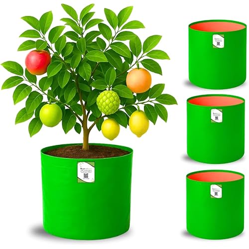 ORGANIC BAZAR 18x18 Big Size Grow Bags for Terrace Gardening, Premium HDPE Green-Orange Large Planters for Fruit Tree (Pack of 4)