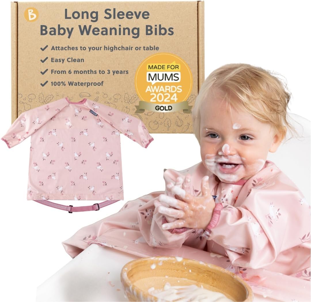 BIBaDO - Long Sleeve Baby Bibs - Babies & Toddlers 6-36 Months - Coverall Weaning Bib - Easy Wipe Clean & Soft Fabric - Attach to Highchair & Tables - Waterproof - Machine Washable
