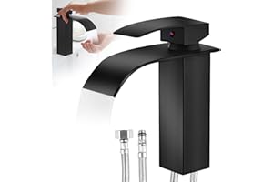 WIYETY Grifo de baño Touch On negro – Grifo de cascada mate con protección antihuellas | Mezclador monomando | Manguera inoxidable 60 cm | Certificado DVGW | para baño y aseo