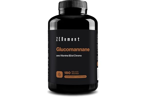 Glucomannane 4200 mg par Dose avec Vitamine B3 et Chrome – Fibre de Racine de Konjac – Pour le Contrôle du Poids – 180 Gélules Véganes – Zenement