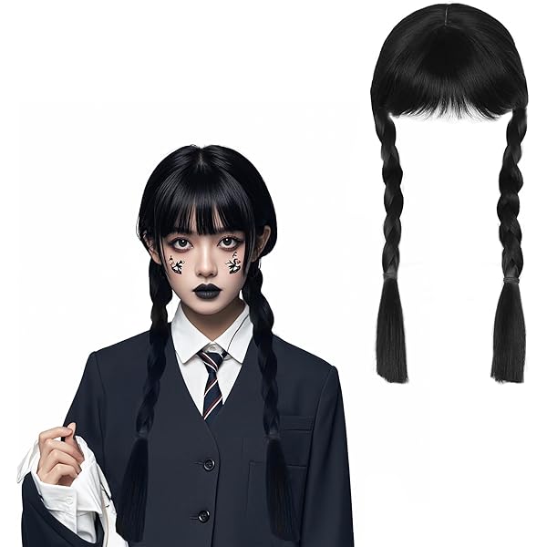 Parrucca Mercoledì Addams - Capelli Neri Lunghi Con Trecce E Frangia Per Cosplay E Halloween - Foto 5