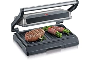 ‎SEVERIN SEVERIN Kontaktgrill für Sandwiches, Steak und als Panini Grill, antihaftbeschichteter Sandwich Maker für fettfreies Grillen, 800 W, metallic grau/schwarz, KG 2394