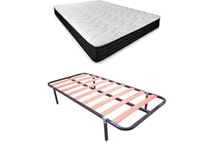 DUÉRMETE ONLINE Cama Completa con Colchón Pocket Visco Reversible (Cara Invierno/Verano) + Somier Basic con Patas Abrazadera, Acero aleado, Gris, 90 x 190