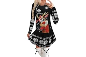 Dasongff Cadeaux de noël Femmes Imprimé De Noël Robe Dames Mini Robe À Manches Longues Robe de Soirée Chic et Glamour Courte avec Imprimé Wapiti et Père Noël Fête de Noël Robe de Noël
