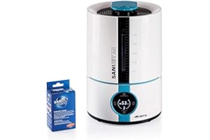Ariete 2836 Sani-Jet Air, Umidificatore a ultrasuoni con funzione igienizzante, 30 Watt, Capacità Serbatoio 5L, 3 livelli di intensità, Display LED, Bianco/azzurro