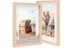 PHOTOLINI 3D cornici 30x40 cm naturale, cornice profonda con vetro e passe-partout, set di 2 cornici per oggetti fino a 1,5 cm di profondità, legno MDF - perfetta per il fai da te e come regalo
