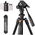 K&F Concept K234A0 Camera Tripod w/Video Head & Mobile Phone Clip | Payload 3Kg | Macro Function | Quick Release Plate | Tripod Bag for Landscape Photography | 1.26Kg - 162 cm