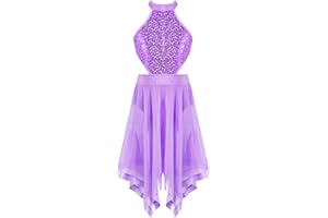 dPois Enfant Fille Asymétrique Robe Danse Lyrique Justaucorps Ballet à Paillettes Leotard Gymnastique Robe Danse Classique Costume Jazz 3-16 Ans