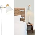 Hefoklu White Plug in Wall Sconces with Switch for Bedroom, Modern Rotation Wall Lamps Up Down E27 Mounted Fixture Wood Metal Lighting Bedside Reading Lights for Kids Bedroom, Living Room